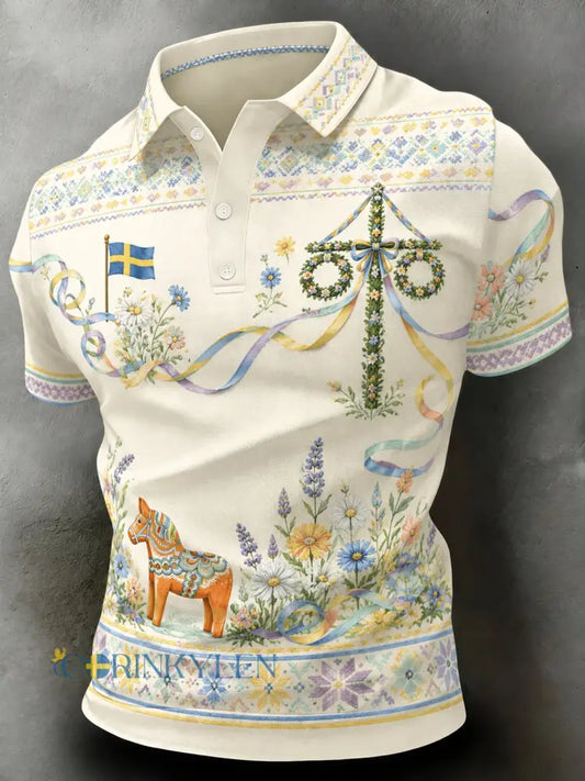 Herrpolotröja med konsttryck till minne av midsommar och nationaldagen i Sverige - A / S