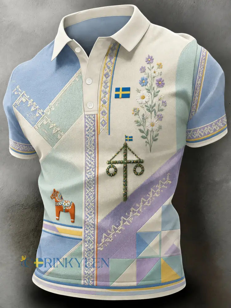 Herrpolotröja med konsttryck till minne av midsommar och nationaldagen i Sverige - A / S