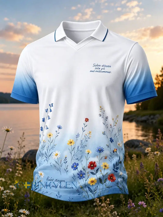 Herrpolotröja med konsttryck till minne av midsommar och nationaldagen i Sverige - A / S