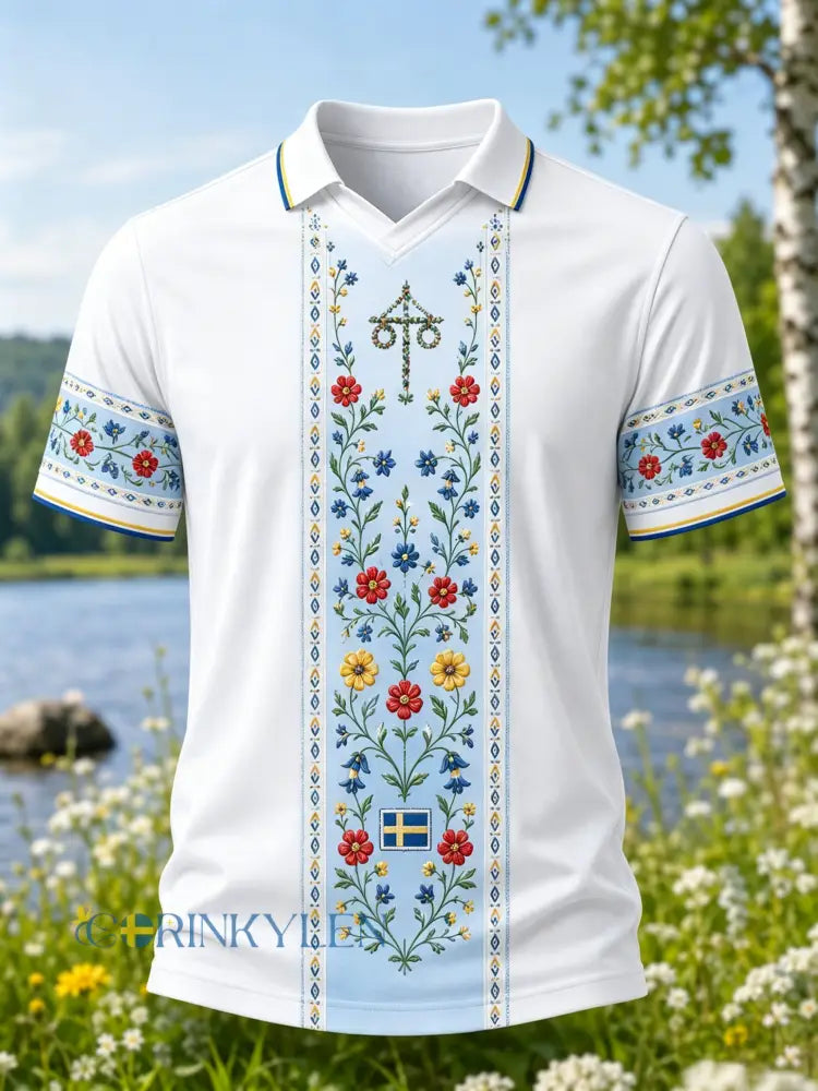 Herrpolotröja med konsttryck till minne av midsommar och nationaldagen i Sverige - A / S