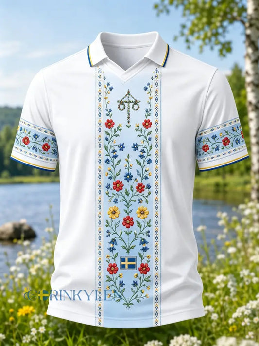 Herrpolotröja med konsttryck till minne av midsommar och nationaldagen i Sverige - A / S