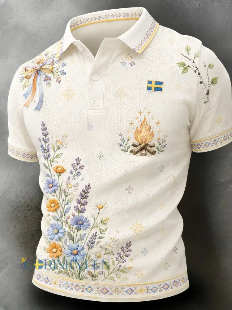 Herrpolotröja med konsttryck till minne av midsommar och nationaldagen i Sverige - A / S