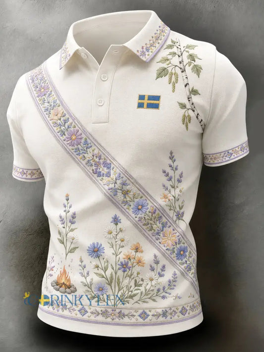 Herrpolotröja med konsttryck till minne av midsommar och nationaldagen i Sverige - A / S