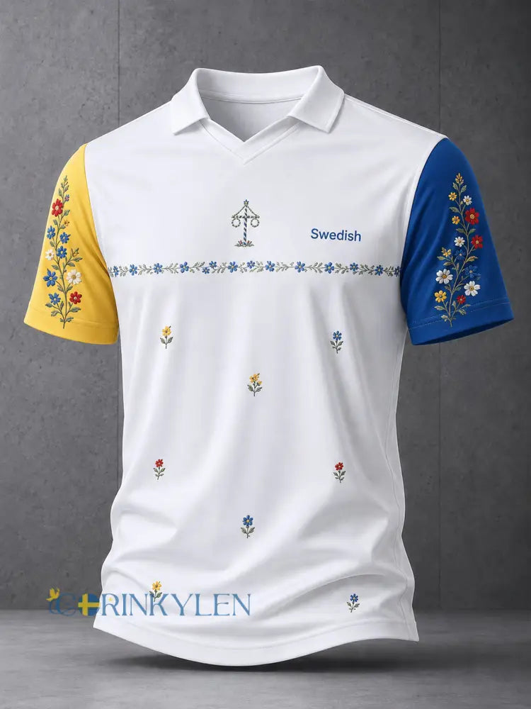 Herrpolotröja med konsttryck till minne av midsommar och nationaldagen i Sverige - A / S