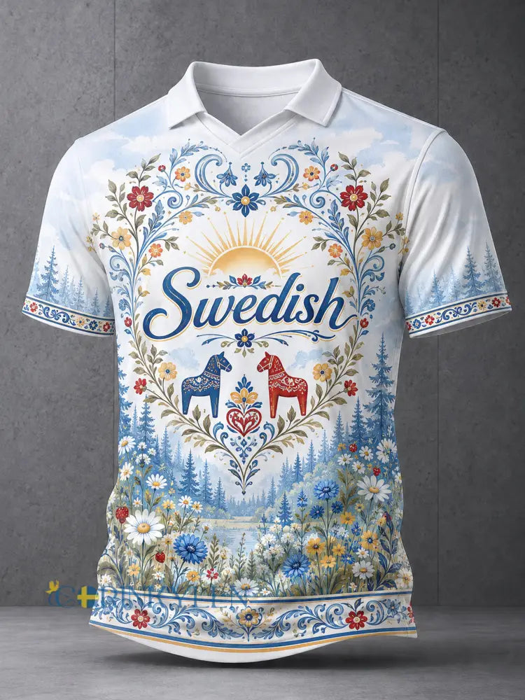 Herrpolotröja med konsttryck till minne av midsommardagen i Sverige - A / S