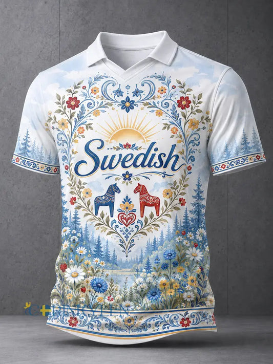 Herrpolotröja med konsttryck till minne av midsommardagen i Sverige - A / S