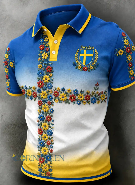 Herrpolotröja med konsttryck till minne av svenska högtider och festivaler - A / S