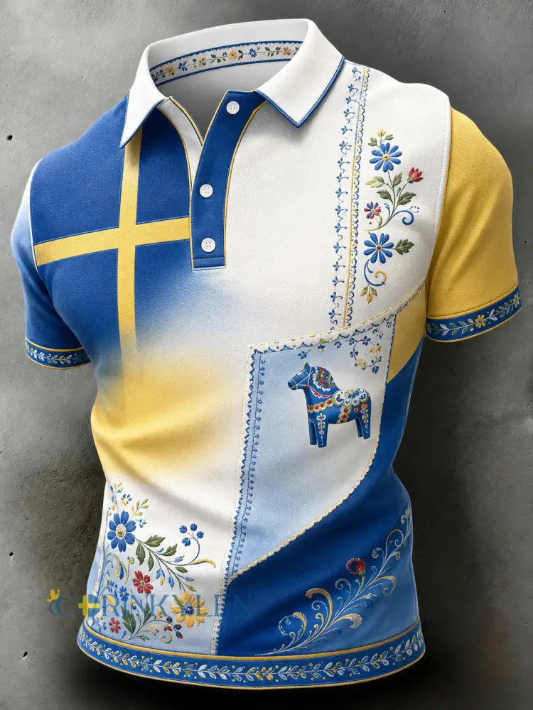 Herrpolotröja med konsttryck till minne av svenska högtider och festivaler kortärmad - A / S