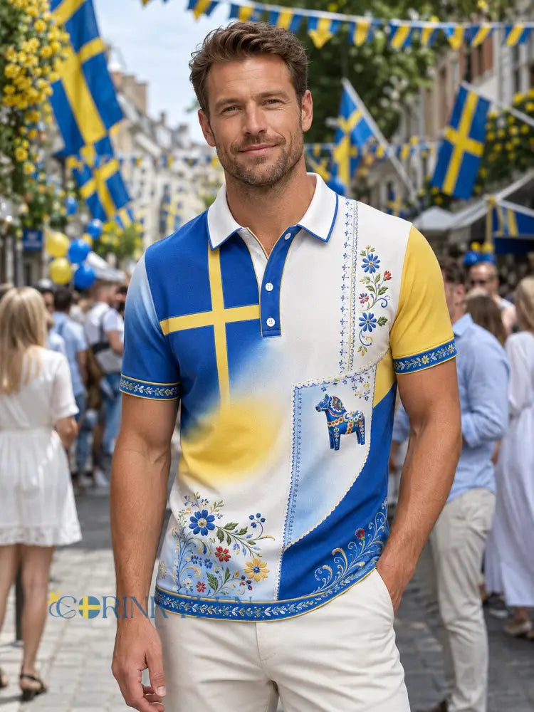 Herrpolotröja med konsttryck till minne av svenska högtider och festivaler kortärmad - B / S