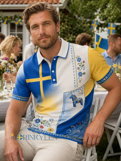 Herrpolotröja med konsttryck till minne av svenska högtider och festivaler kortärmad - C / S