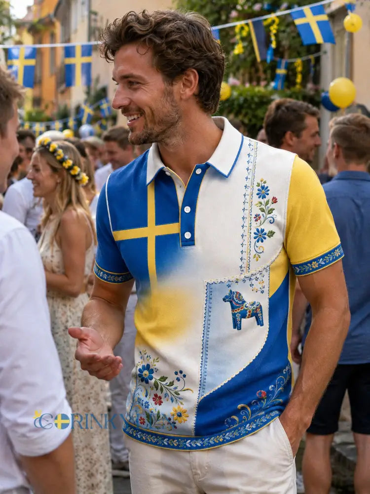 Herrpolotröja med konsttryck till minne av svenska högtider och festivaler kortärmad - E / S