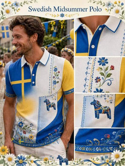 Herrpolotröja med konsttryck till minne av svenska högtider och festivaler kortärmad - G / S