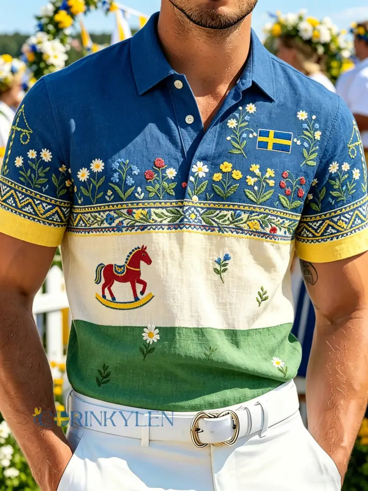 Herrpolotröja med kort ärm och konstprint som firar den svenska midsommarfesten - A / S