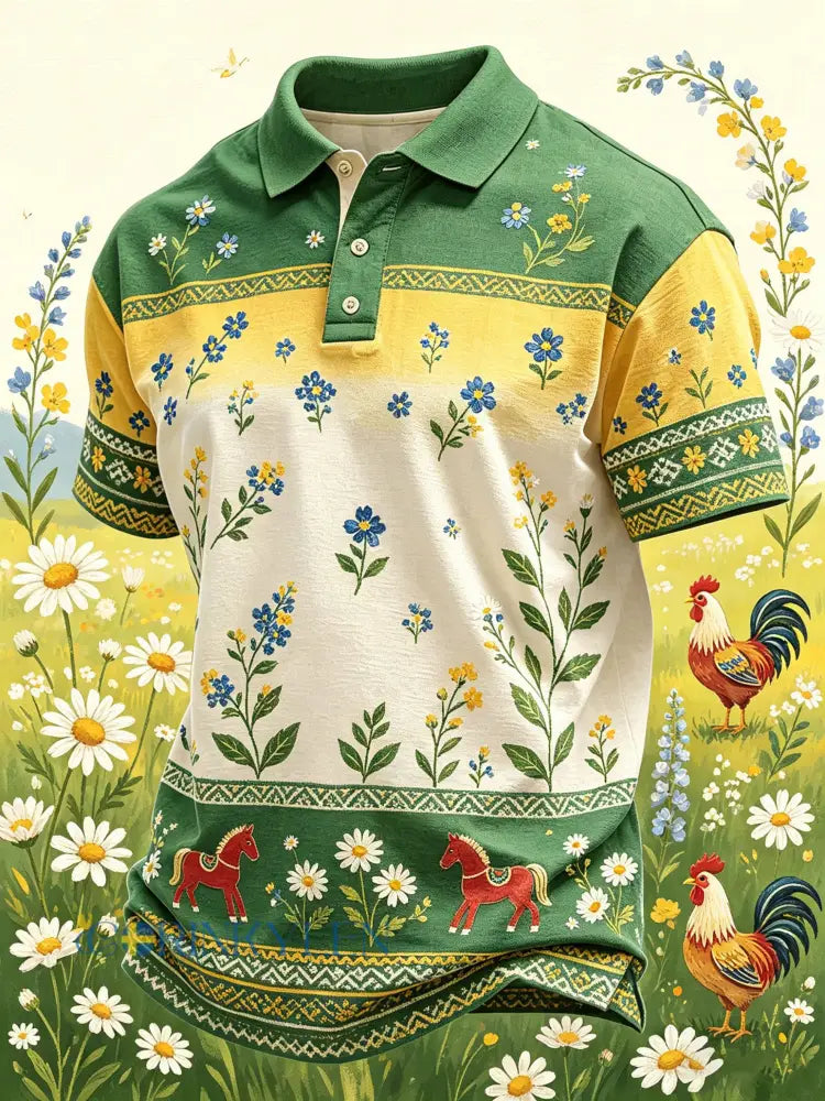 Herrpolotröja med kort ärm och konstprint som firar den svenska midsommarfesten - A / S