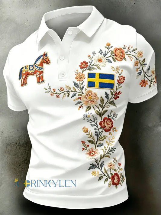Herrpolotröja med kort ärm och konstprint som firar den svenska midsommarfesten - A / S