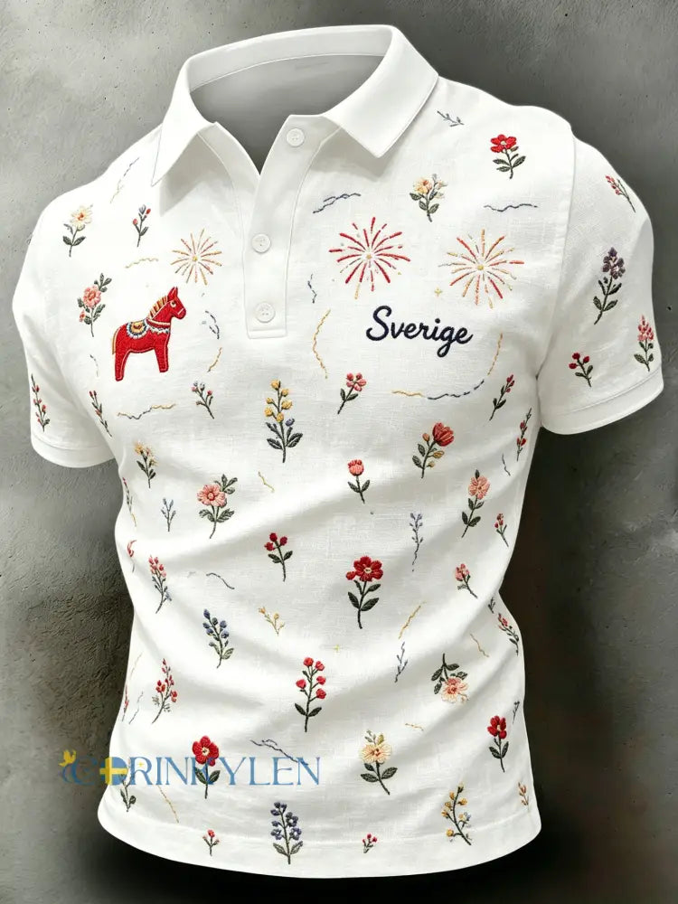 Herrpolotröja med korta ärmar och konsttryck till minne av Sveriges nationaldag - A / S