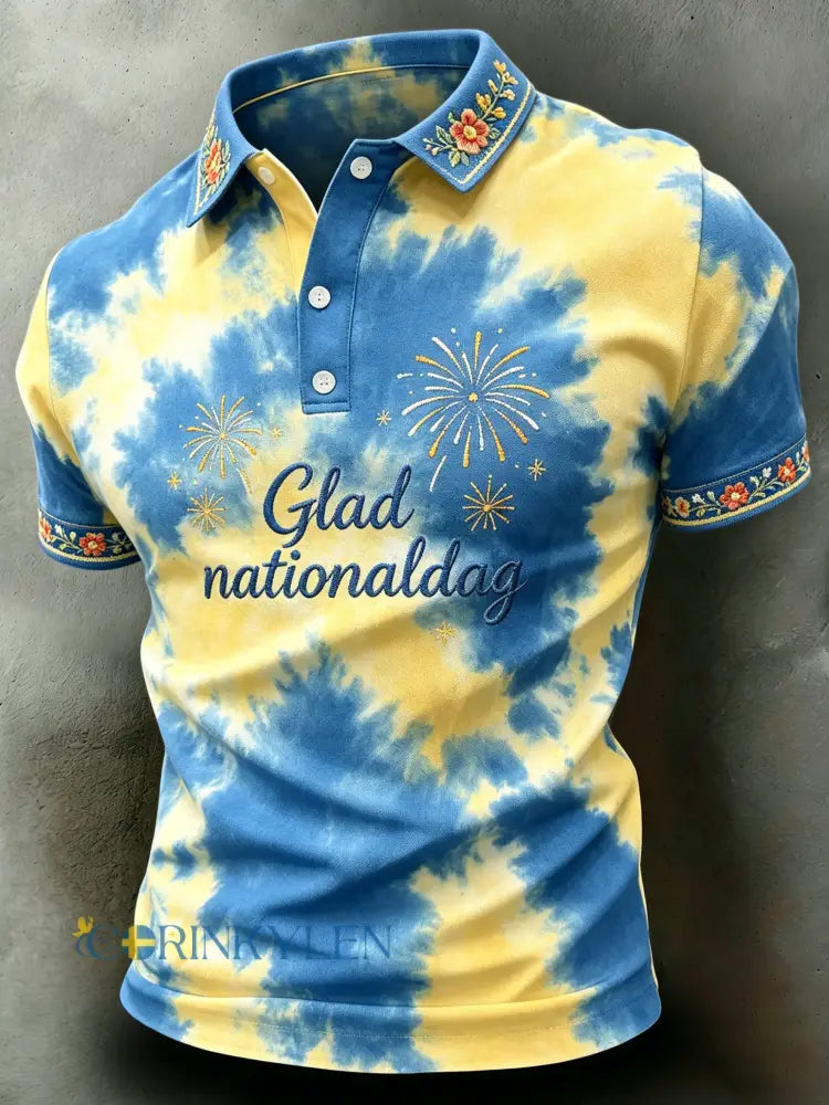 Herrpolotröja med korta ärmar och konsttryck till minne av Sveriges nationaldag - A / S
