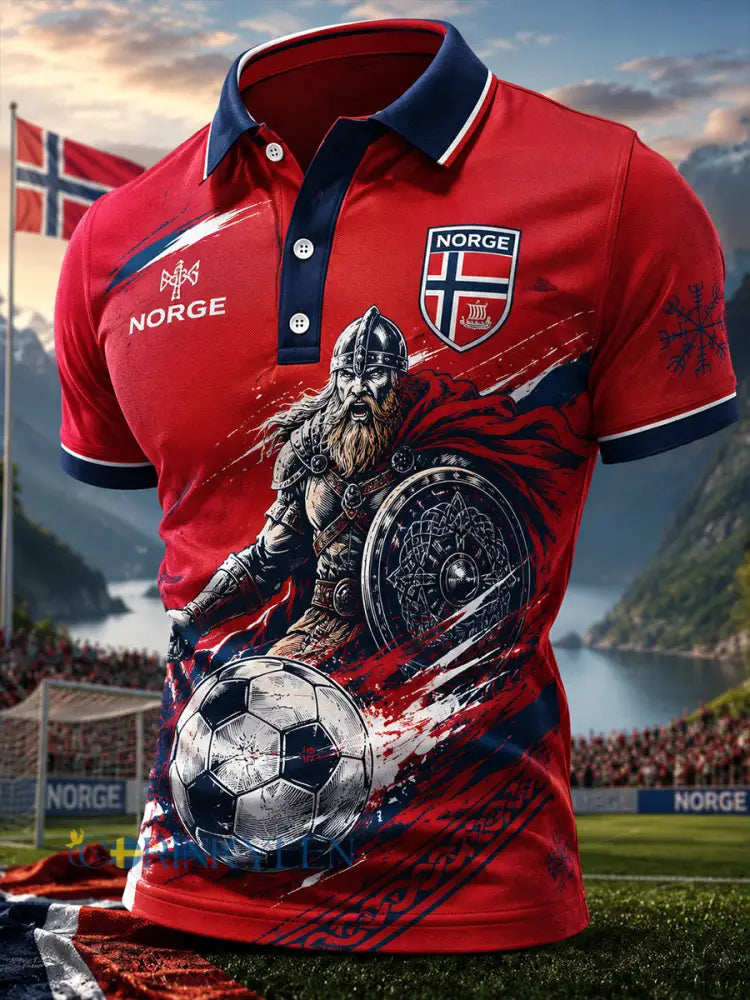 Herrpolotröja med korta ärmar och tryck med vikingakrigare och fotbollstema - A / S