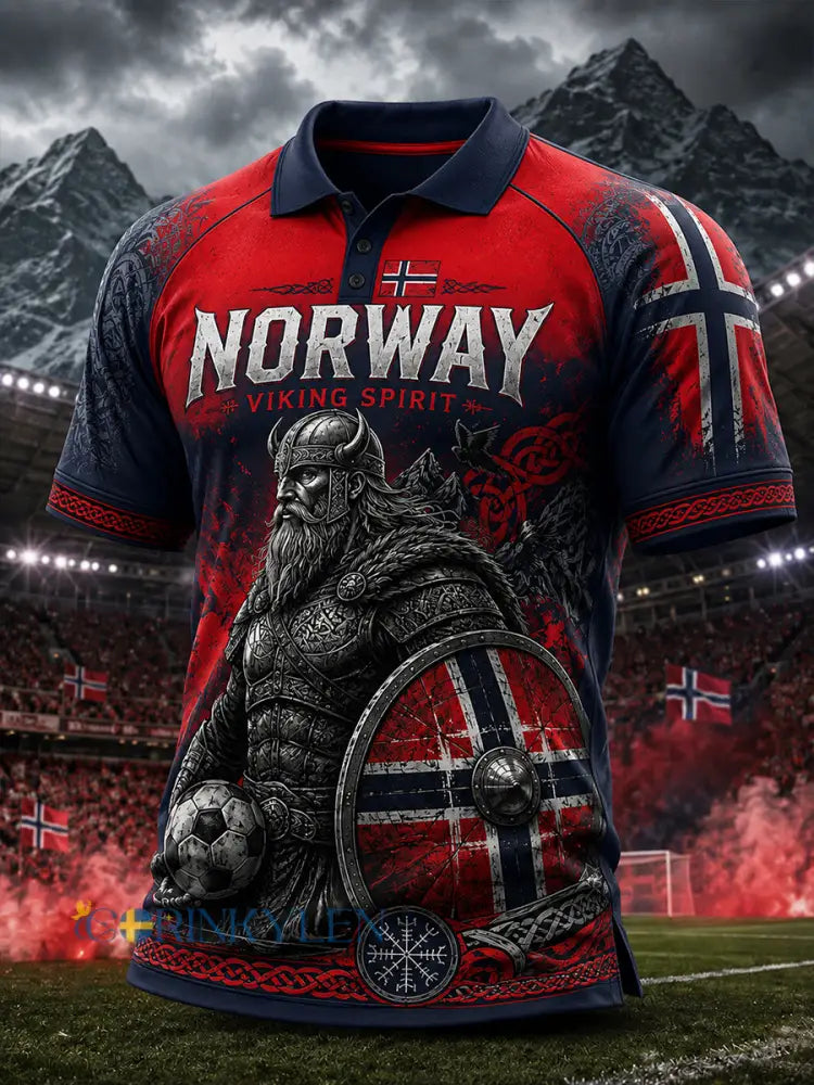 Herrpolotröja med korta ärmar och tryck med vikingakrigare och fotbollstema - A / S