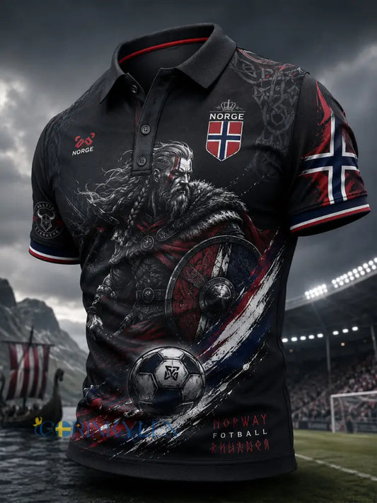 Herrpolotröja med korta ärmar och tryck med vikingakrigare och fotbollstema - A / S