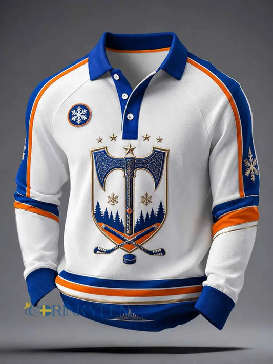 Herrpolotröja med långa ärmar i retrostil med ishockeymotiv och minnesmönster - som bild / S