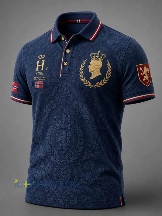 Herrpolotröja med minnesmönster av Kung Harald V - som bild / S