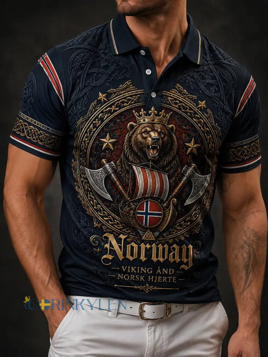 Herrpolotröja med norsk vikingtematisk patriotisk minneskonsttryck - A / S