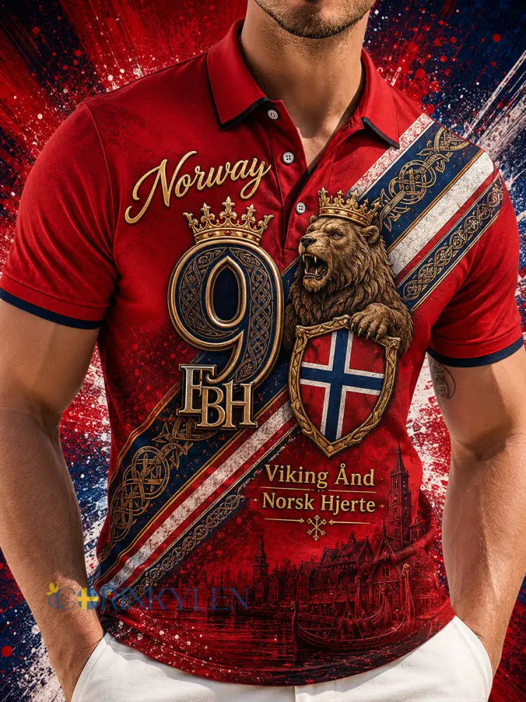 Herrpolotröja med norsk vikingtematisk patriotisk minneskonsttryck - A / S