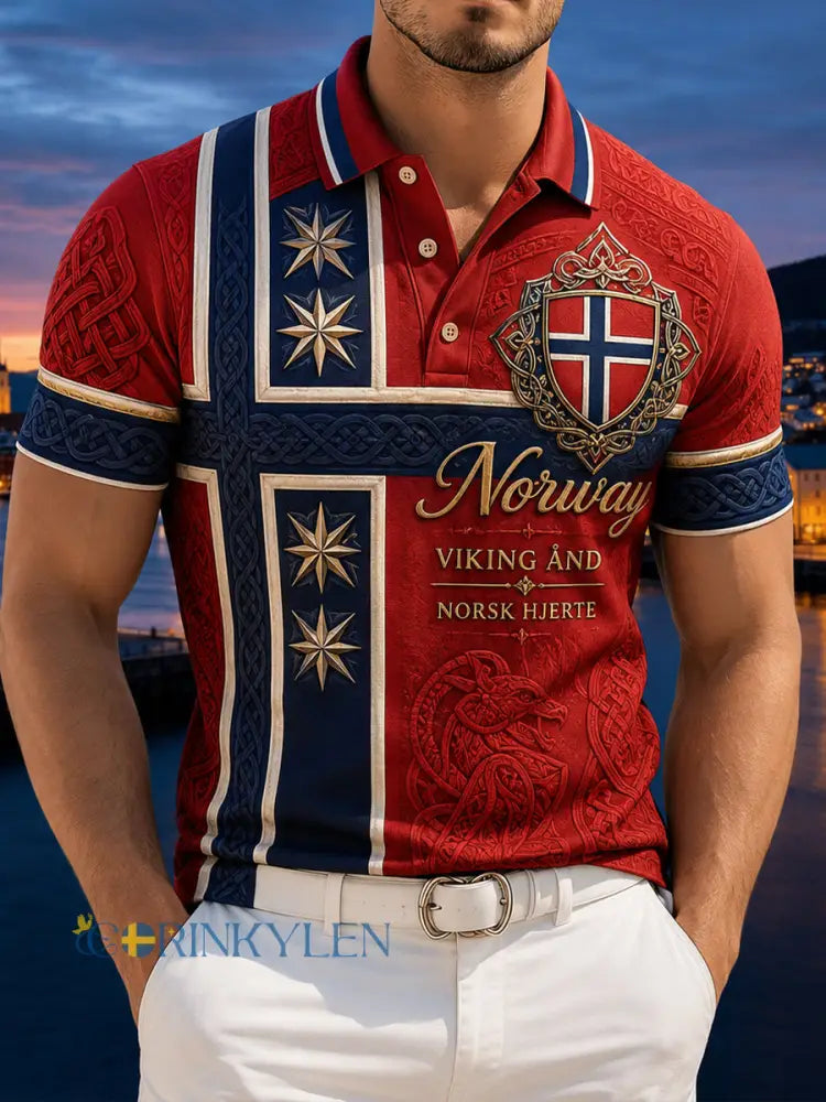 Herrpolotröja med norsk vikingtematisk patriotisk minneskonsttryck - A / S