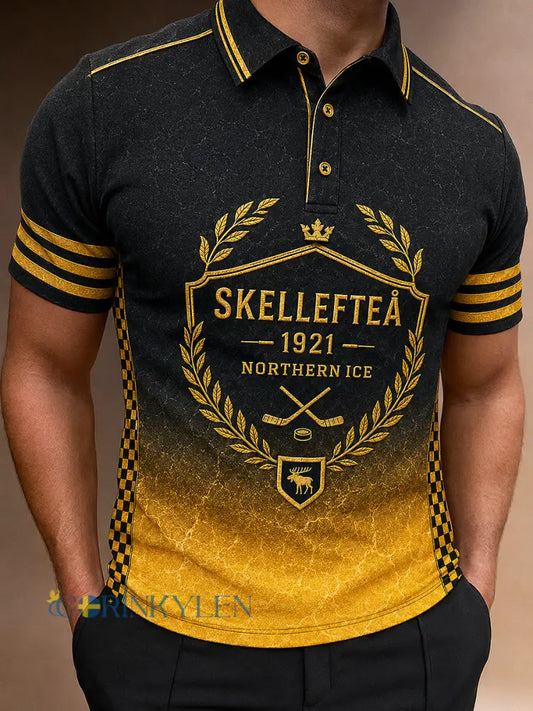 Herrpolotröja med tryckt logga från Skellefteå AIK avslappnad modell med korta ärmarna - svart- gul / S