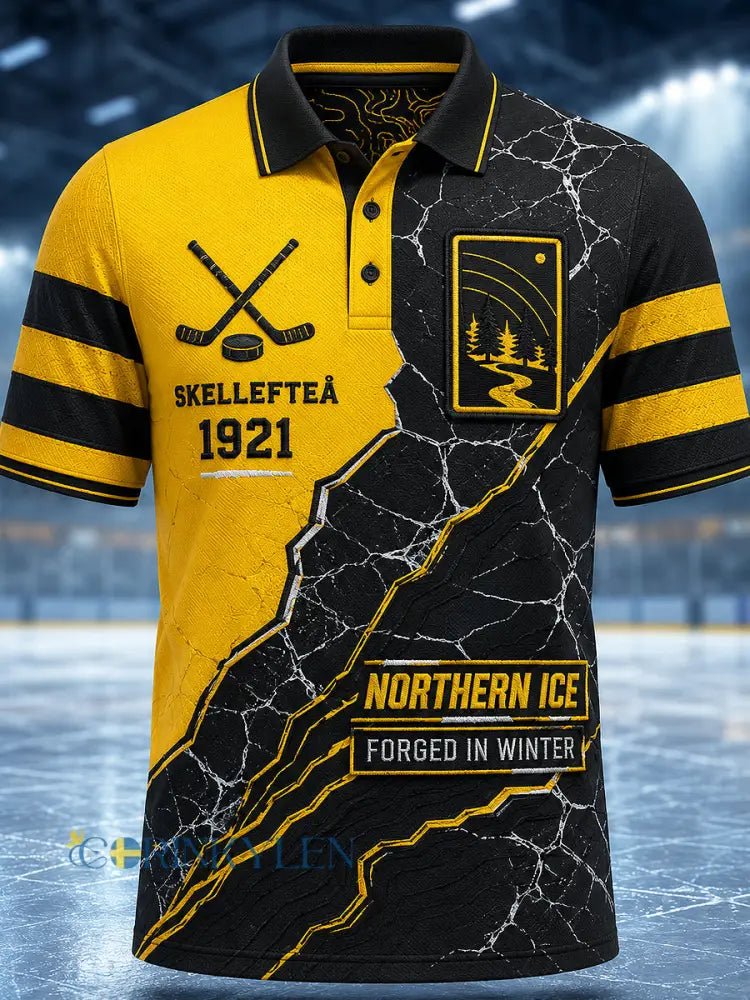 Herrpolotröja med tryckt logga från Skellefteå AIK avslappnad modell med korta ärmarna - svart- gul / S