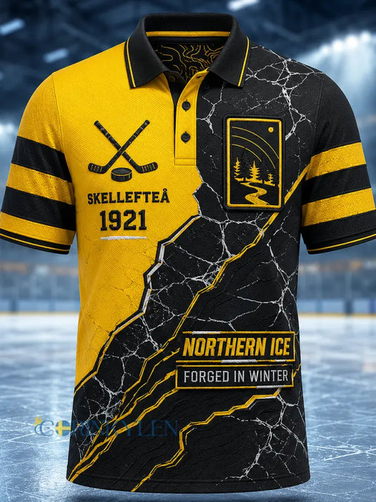 Herrpolotröja med tryckt logga från Skellefteå AIK avslappnad modell med korta ärmarna - svart- gul / S