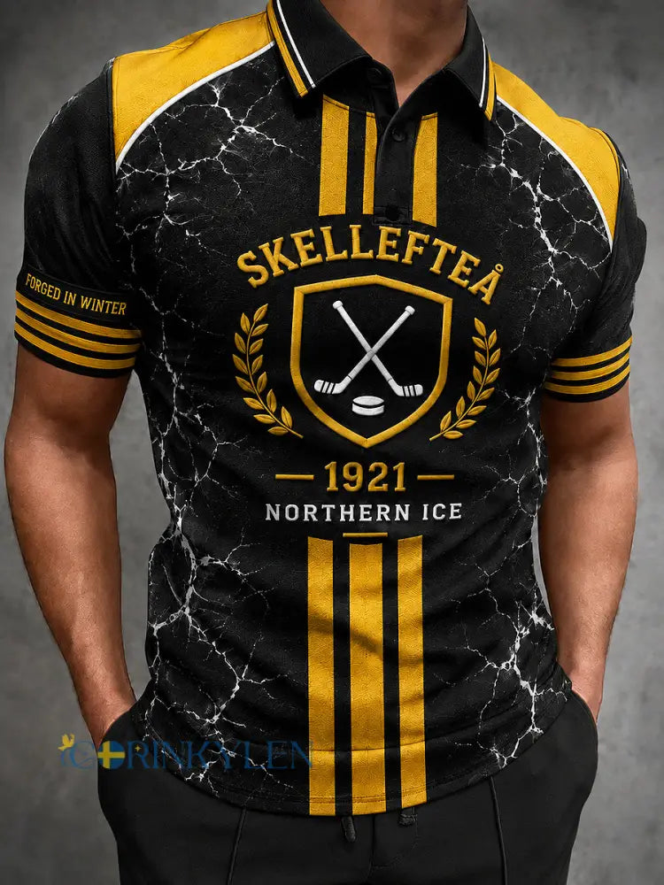 Herrpolotröja med tryckt logga från Skellefteå AIK avslappnad modell med korta ärmarna - svart- gul / S