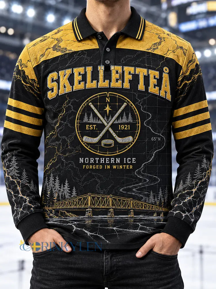 Herrpolskjorta i piké med långa ärmar från Skellefteå AIK tryckt design - svart- gul / S