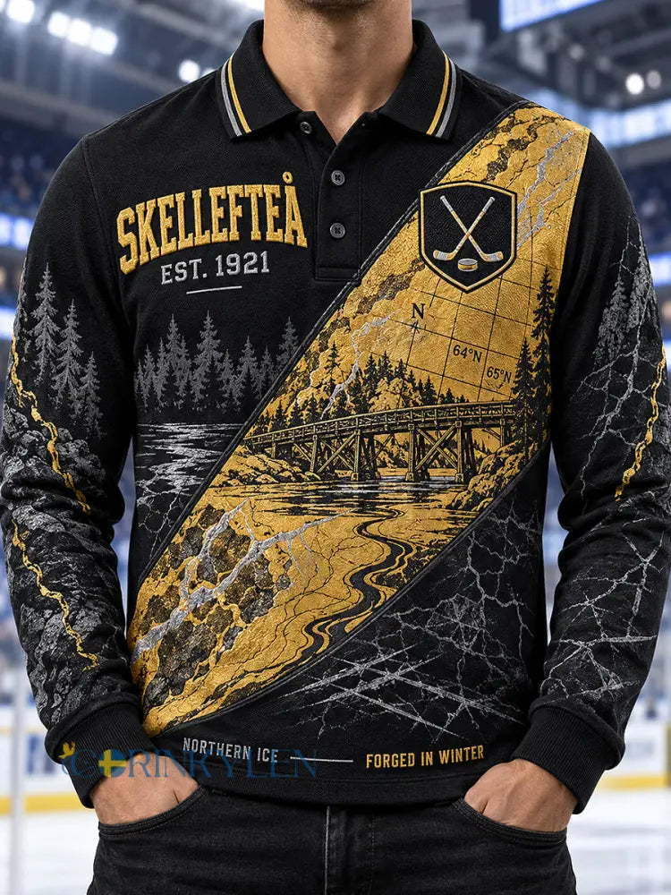 Herrpolskjorta i piké med långa ärmar från Skellefteå AIK tryckt design - svart- gul / S
