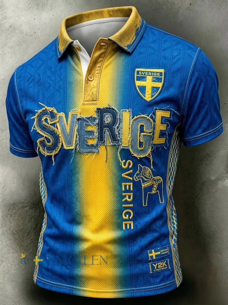 Herrpolskjorta i retrostil för svenska fotbollssupportrar avslappnad och sportig - blå / S