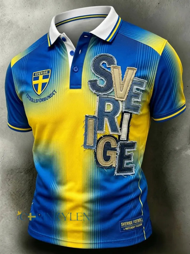 Herrpolskjorta i retrostil för svenska fotbollssupportrar avslappnad och sportig - blå / S