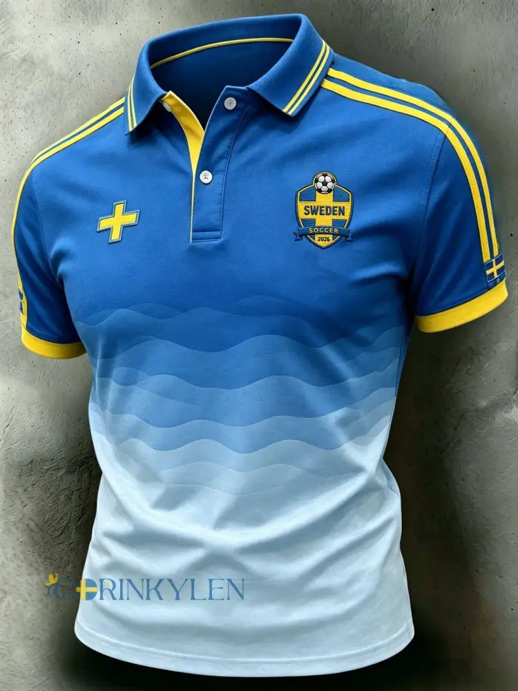 Herrpolskjorta i retrostil med svensk fotbollsmotiv 2026 till vardagskläder - blå / S