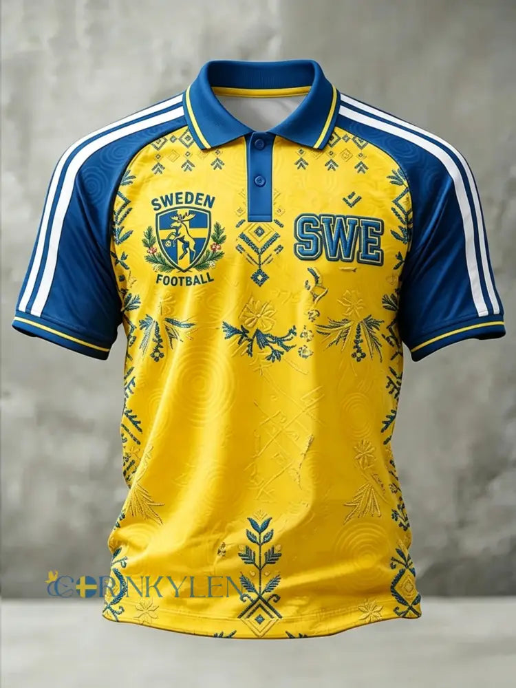 Herrpolskjorta i retrostil med svensk fotbollsmotiv 2026 till vardagskläder - gul / S