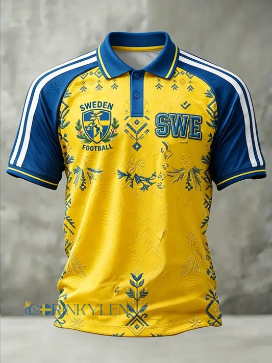 Herrpolskjorta i retrostil med svensk fotbollsmotiv 2026 till vardagskläder - gul / S