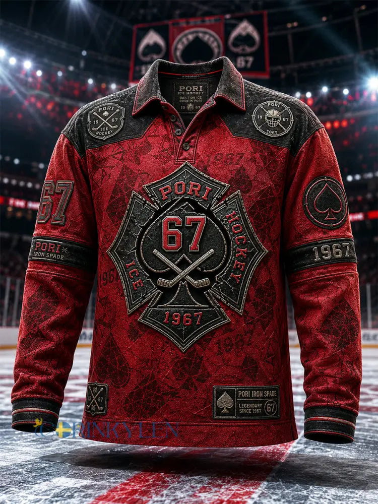 Herrpolskjorta med långa ärmar i retrostil från Porin Ässät – för finska hockeyälskare - röd / S