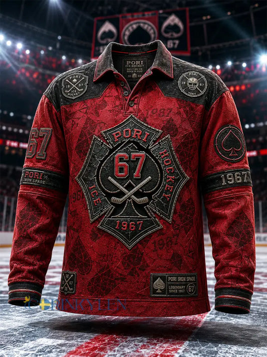 Herrpolskjorta med långa ärmar i retrostil från Porin Ässät – för finska hockeyälskare - röd / S