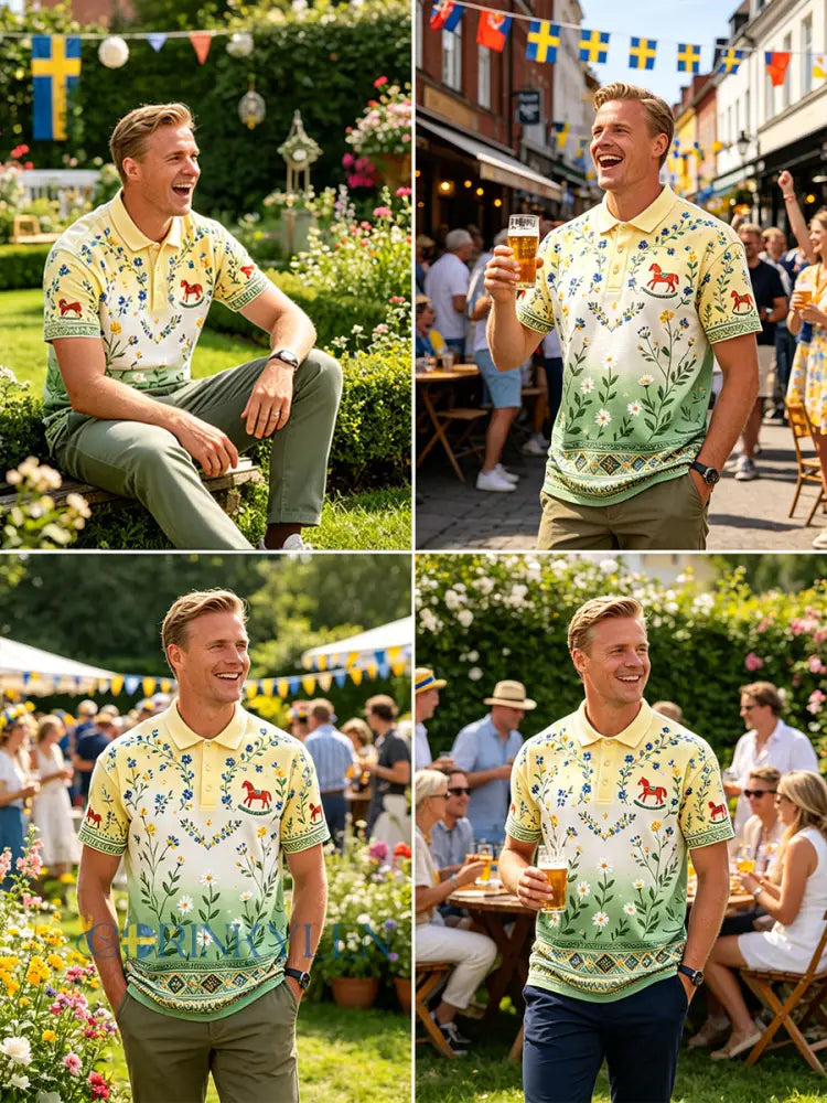 Herrpolskjorta med midsommarblommönster