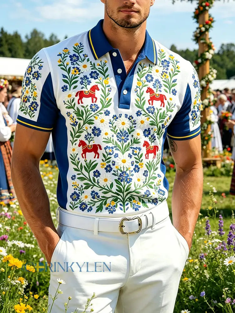 Herrpolskjorta med midsommarblommönster - A / S