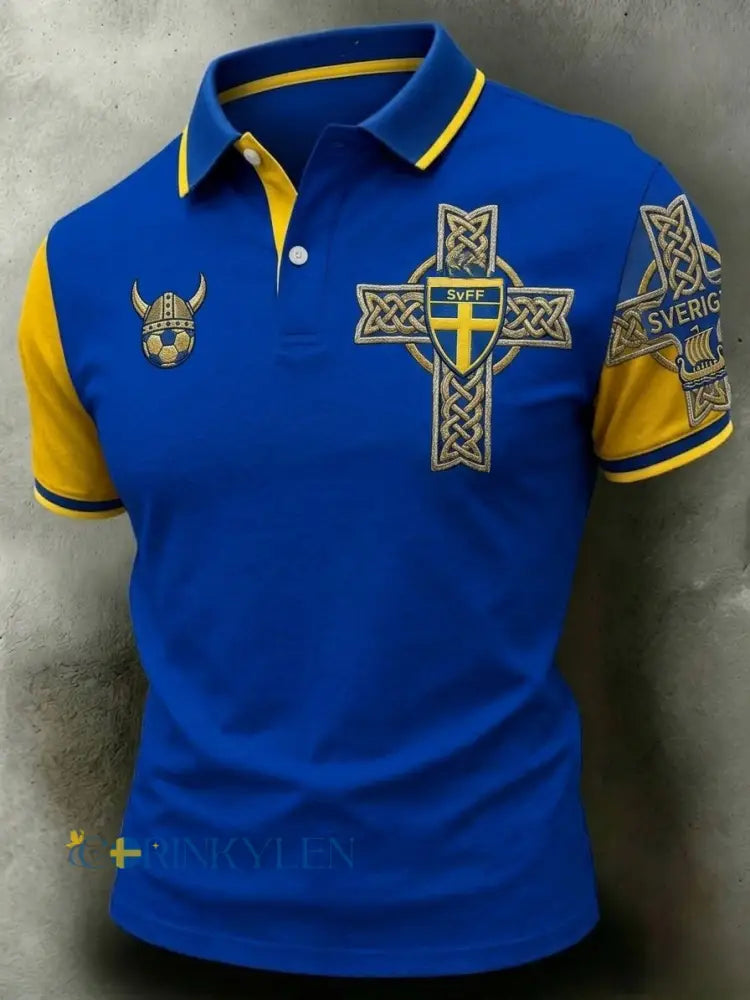 Herrpolskortärmad polo med retrotryck för svenska fotbollsentusiaster 2026 - blå / S