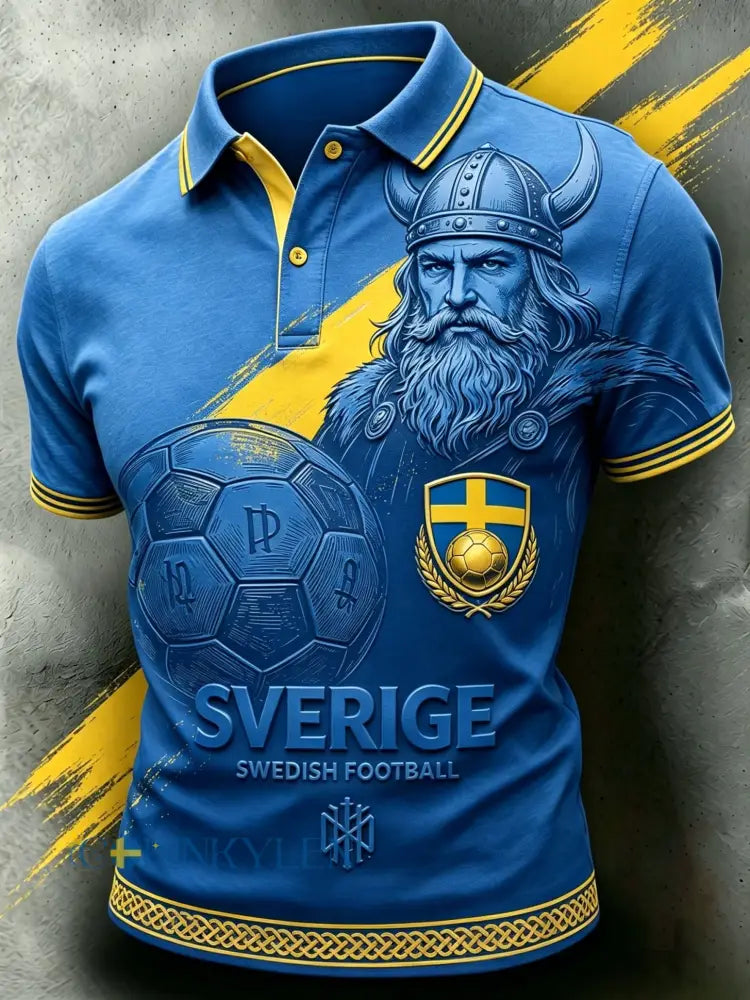 Herrpolskortärmad polo med retrotryck för svenska fotbollsentusiaster 2026 - blå / S