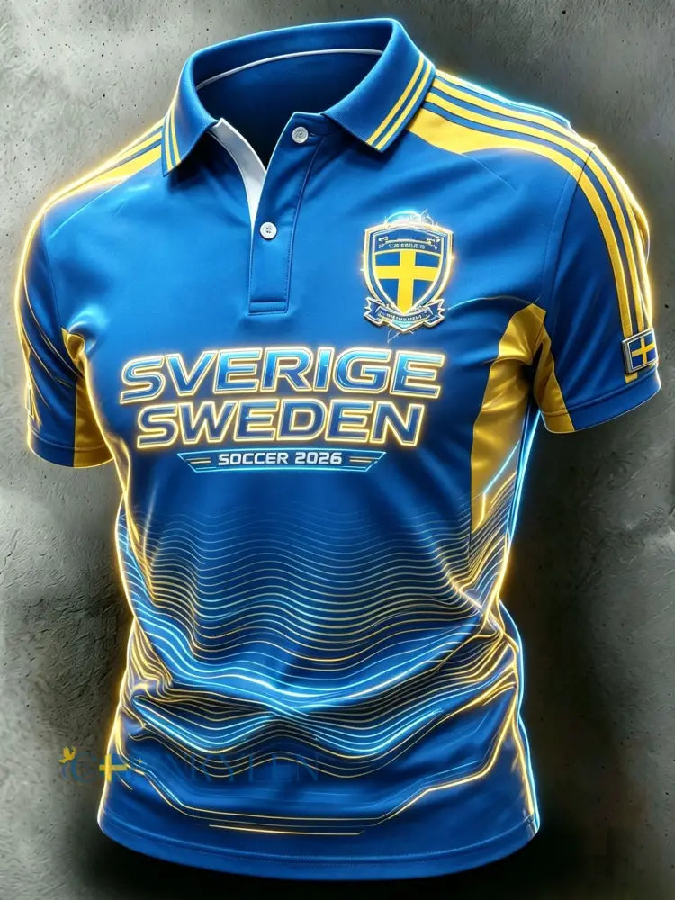 Herrpolskortärmad polo med retrotryck för svenska fotbollsentusiaster 2026 - blå / S