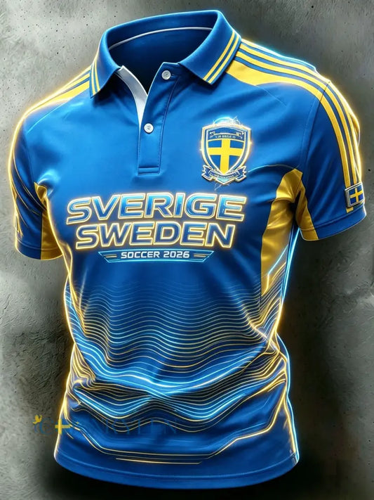 Herrpolskortärmad polo med retrotryck för svenska fotbollsentusiaster 2026 - blå / S