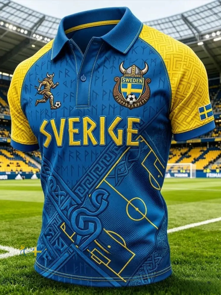 Herrpolskortärmad polo med retrotryck för svenska fotbollsentusiaster 2026 - blå / S