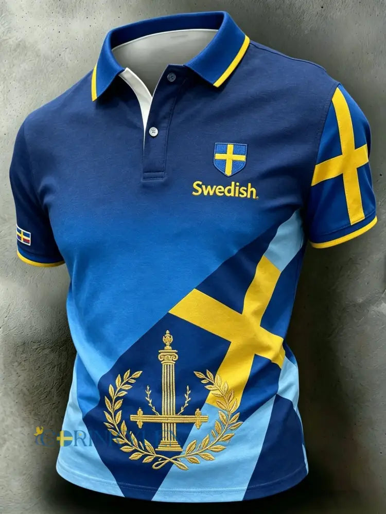 Herrpolskortärmad polo med retrotryck för svenska fotbollsentusiaster 2026 - blå / S
